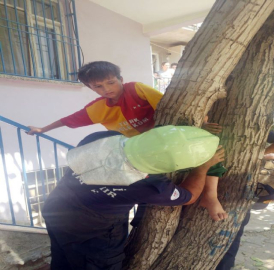 Ayağı ağacın gövdesine sıkışan çocuğun zor anları