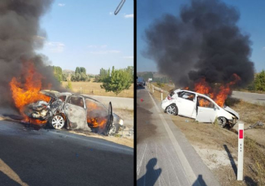 Bariyerlere çarpan araç alev topuna döndü: 1 ölü