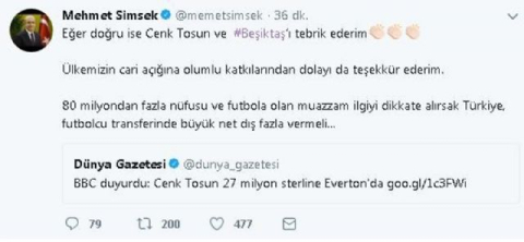 Şimşek'ten Beşiktaş ve Cenk Tosun'a teşekkür mesajı
